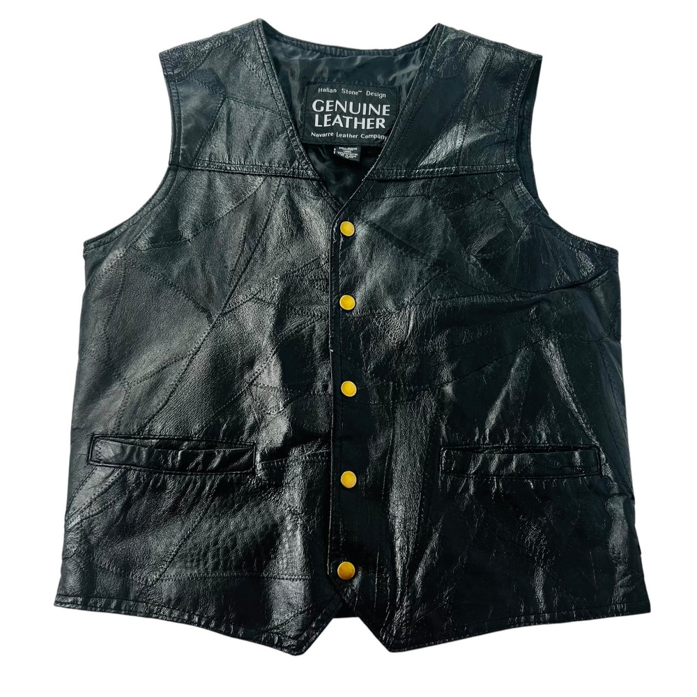 Navarre Leather Co Womens M Black Biker Vest Sleek Patchwork Western‎ Grunge